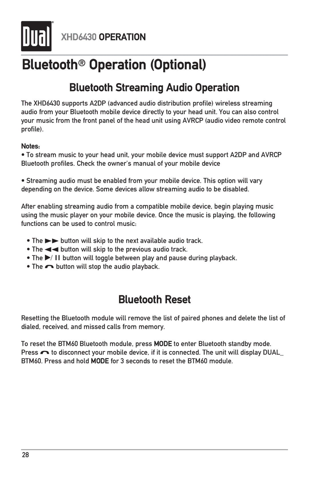 Dual XHD6430 owner manual Bluetooth Streaming Audio Operation 