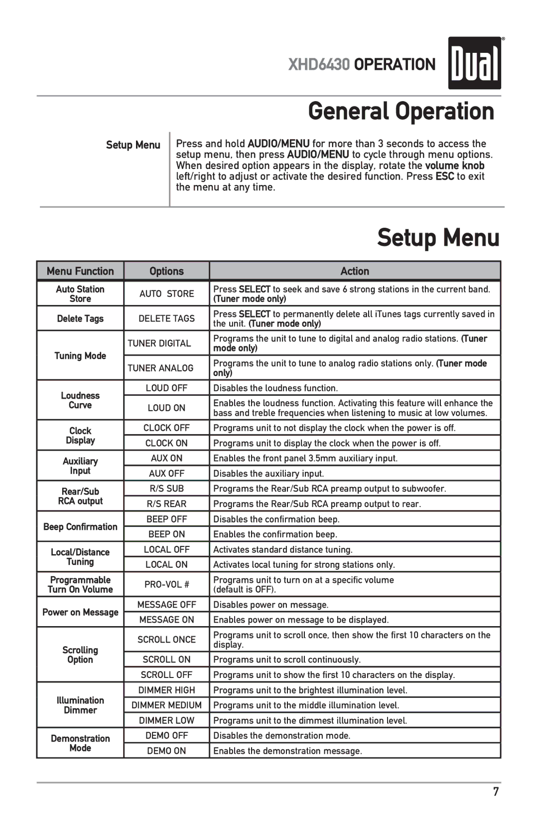 Dual XHD6430 owner manual Setup Menu 