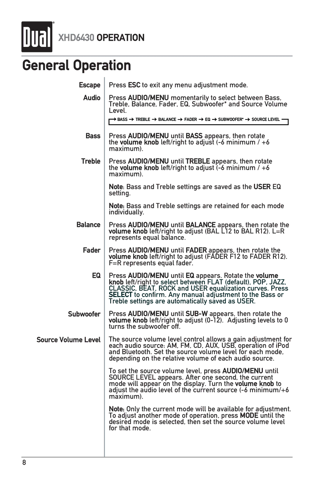 Dual XHD6430 owner manual Bass Treble Balance Fader EQ SUBWOOFER* Source Level 