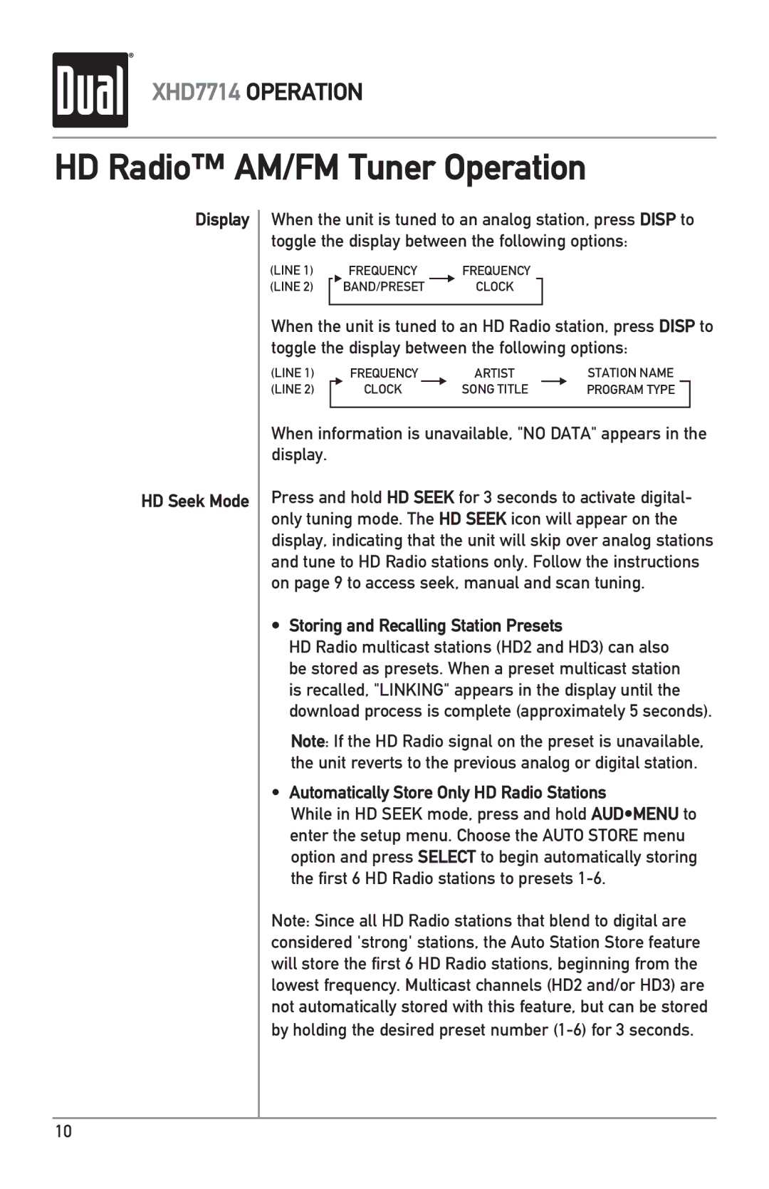 Dual XHD7714 owner manual HD Radio AM/FM Tuner Operation, Display HD Seek Mode, Storing and Recalling Station Presets 