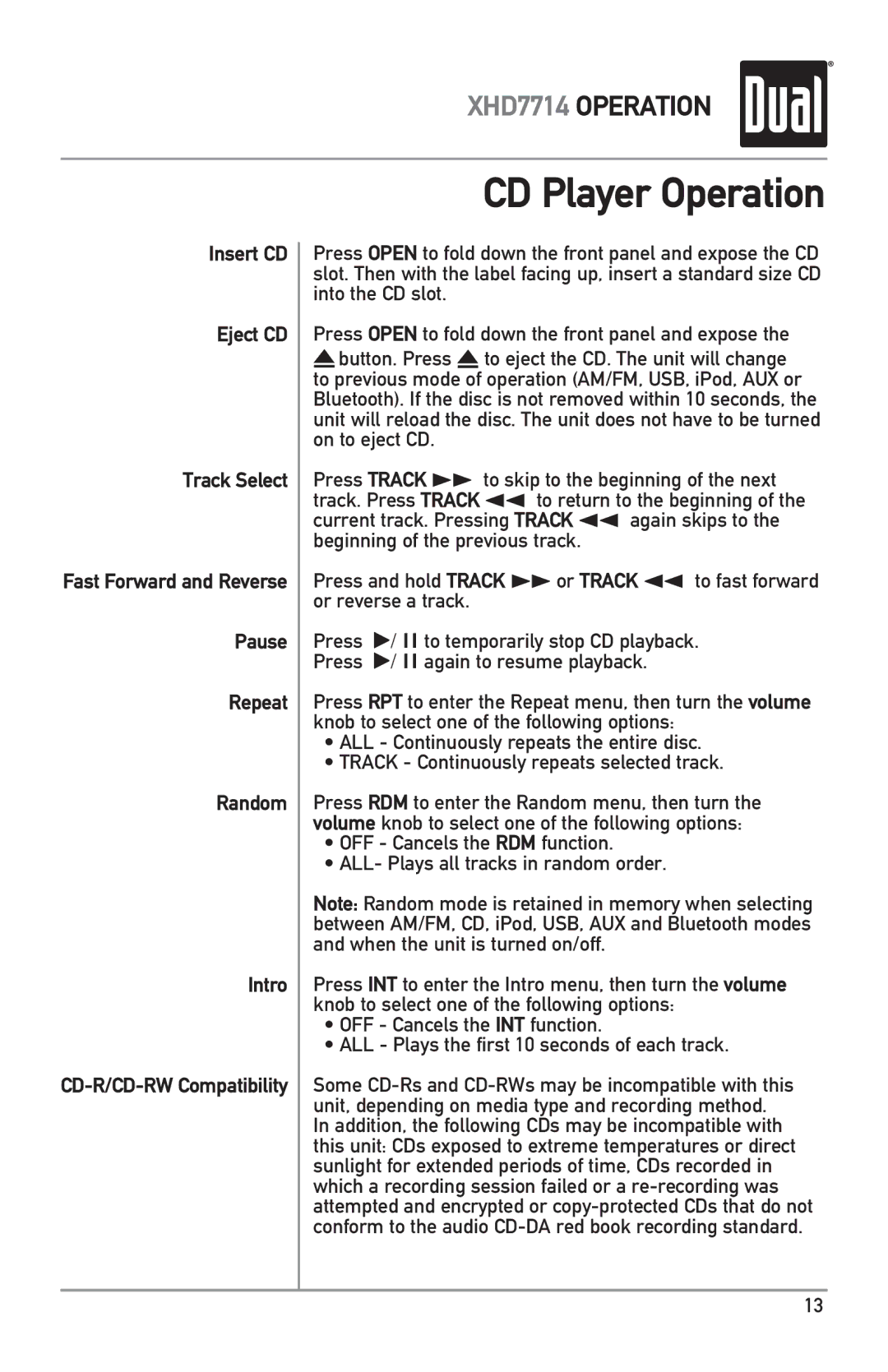 Dual XHD7714 owner manual CD Player Operation 