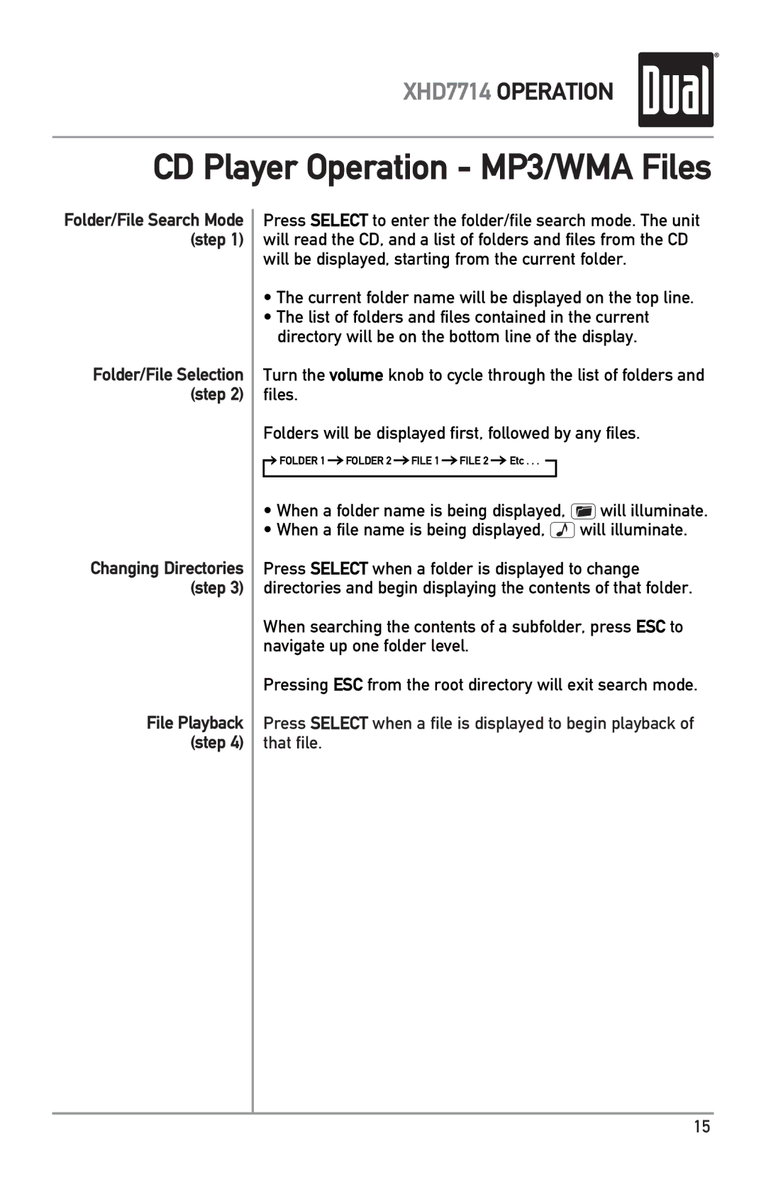 Dual XHD7714 owner manual CD Player Operation MP3/WMA Files, Current folder name will be displayed on the top line 