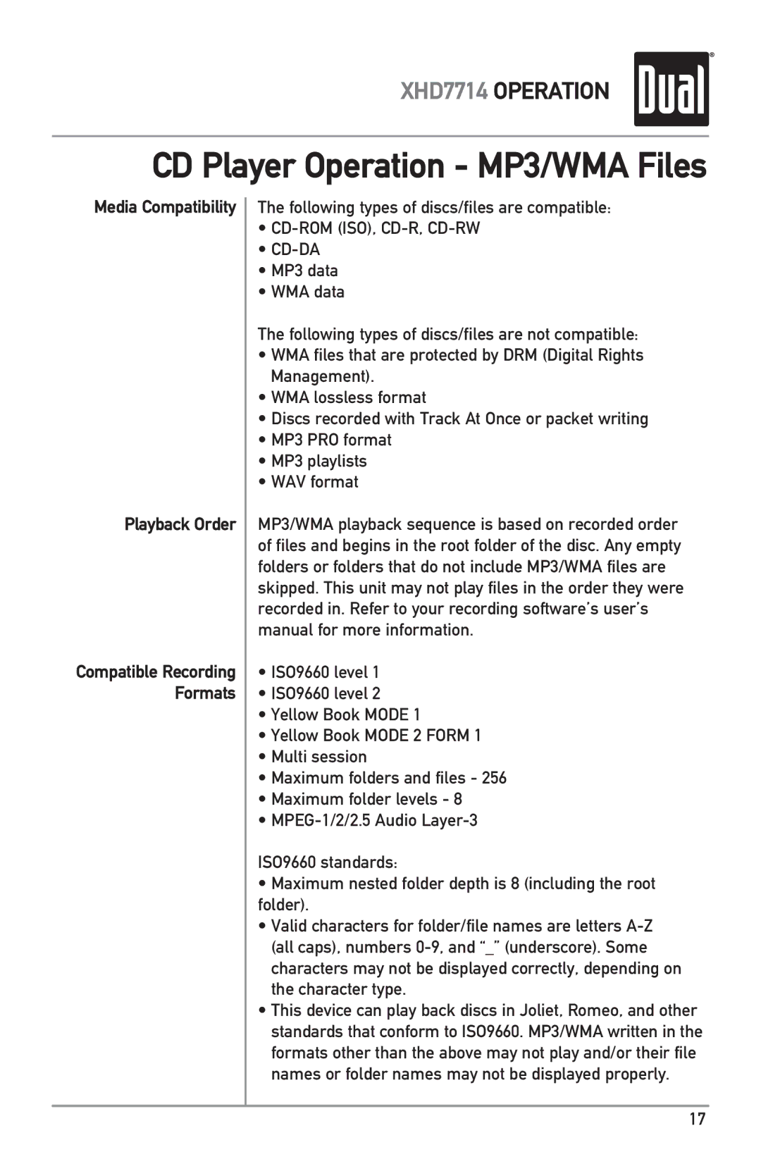 Dual XHD7714 owner manual Media Compatibility Playback Order, Following types of discs/files are compatible 