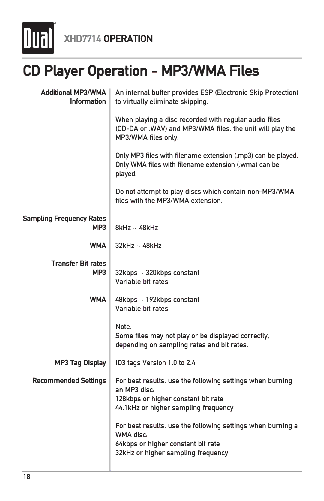 Dual XHD7714 owner manual Transfer Bit rates, MP3 Tag Display Recommended Settings 