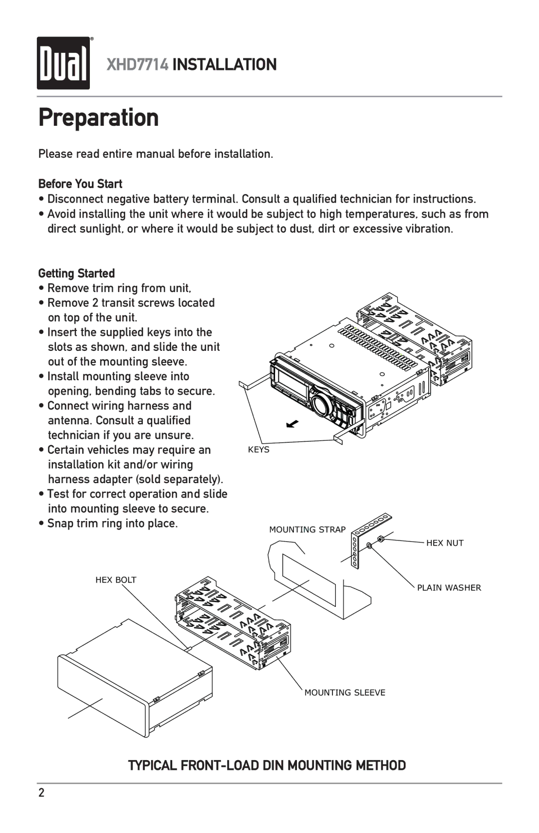 Dual XHD7714 owner manual Preparation, Please read entire manual before installation, Before You Start, Getting Started 