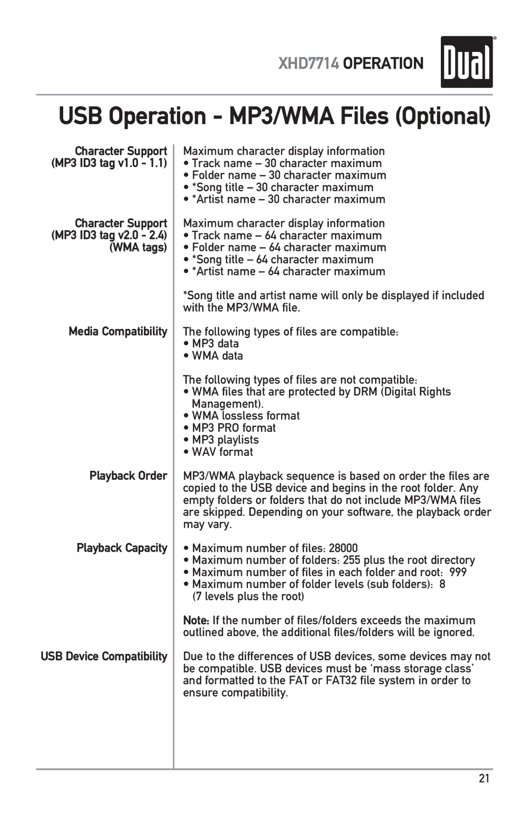 Dual XHD7714 owner manual USB Operation MP3/WMA Files Optional 