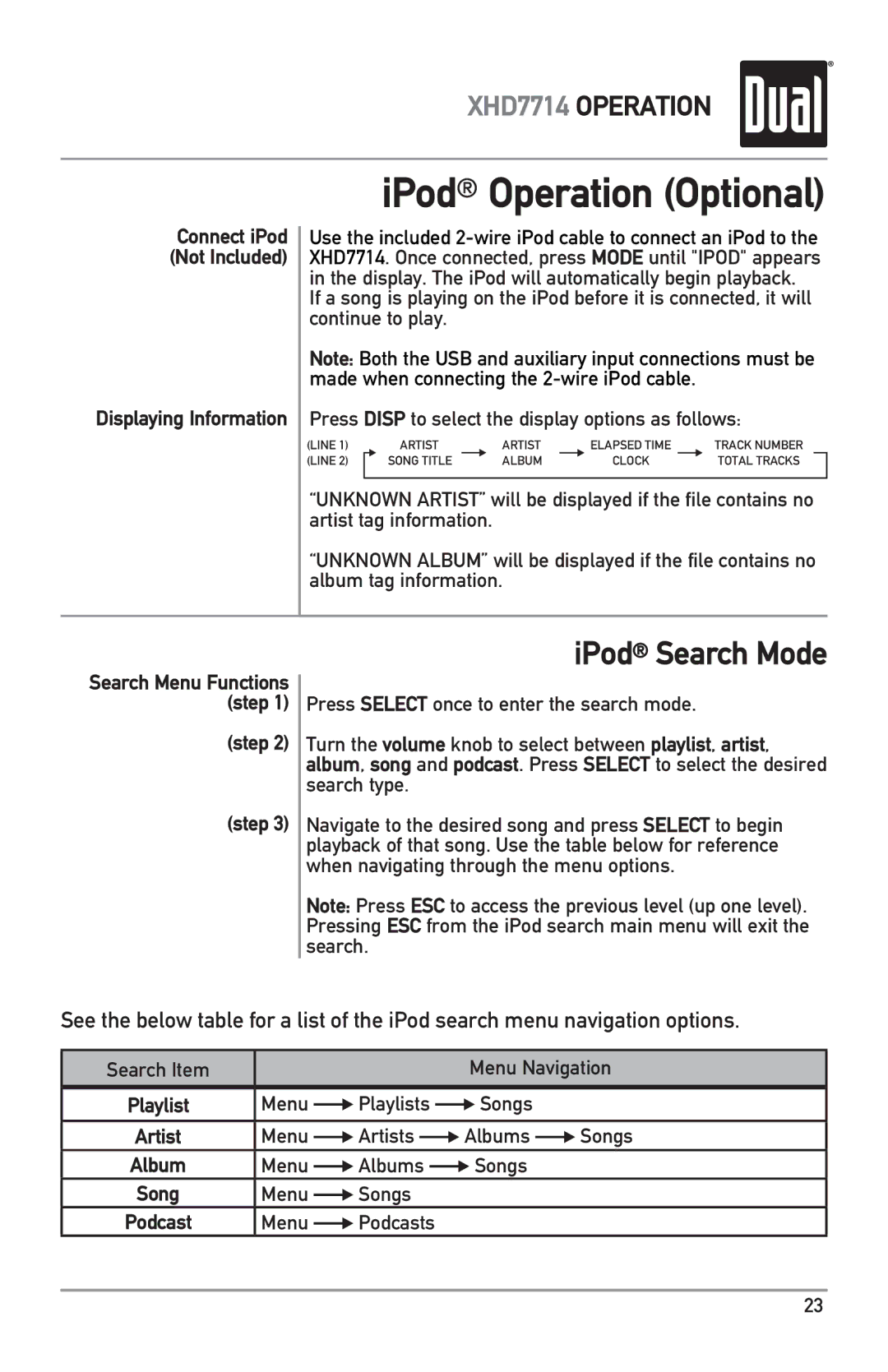 Dual XHD7714 owner manual IPod Operation Optional, Connect iPod Not Included 