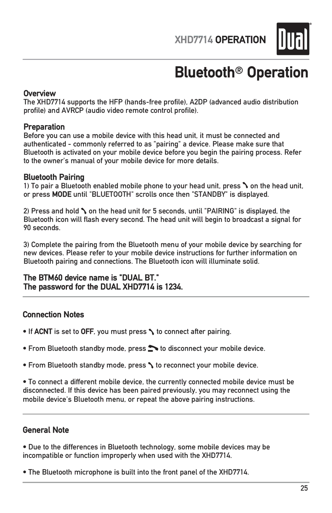 Dual XHD7714 owner manual Bluetooth Operation, Overview 