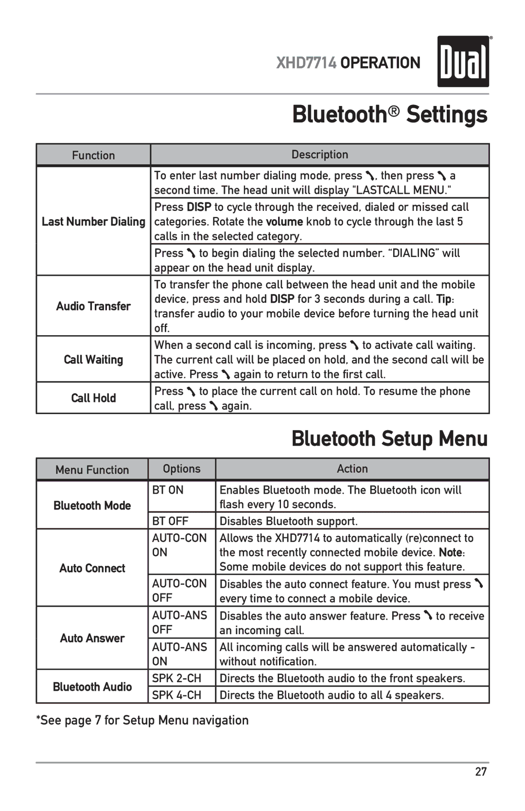 Dual XHD7714 owner manual Bluetooth Settings 