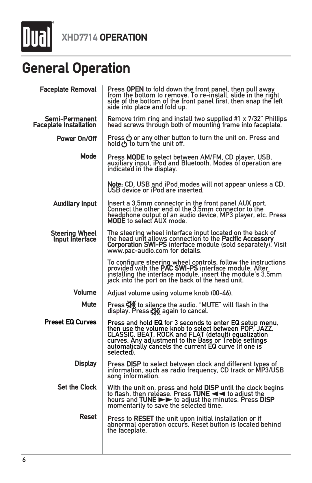 Dual XHD7714 owner manual General Operation, Faceplate Removal 