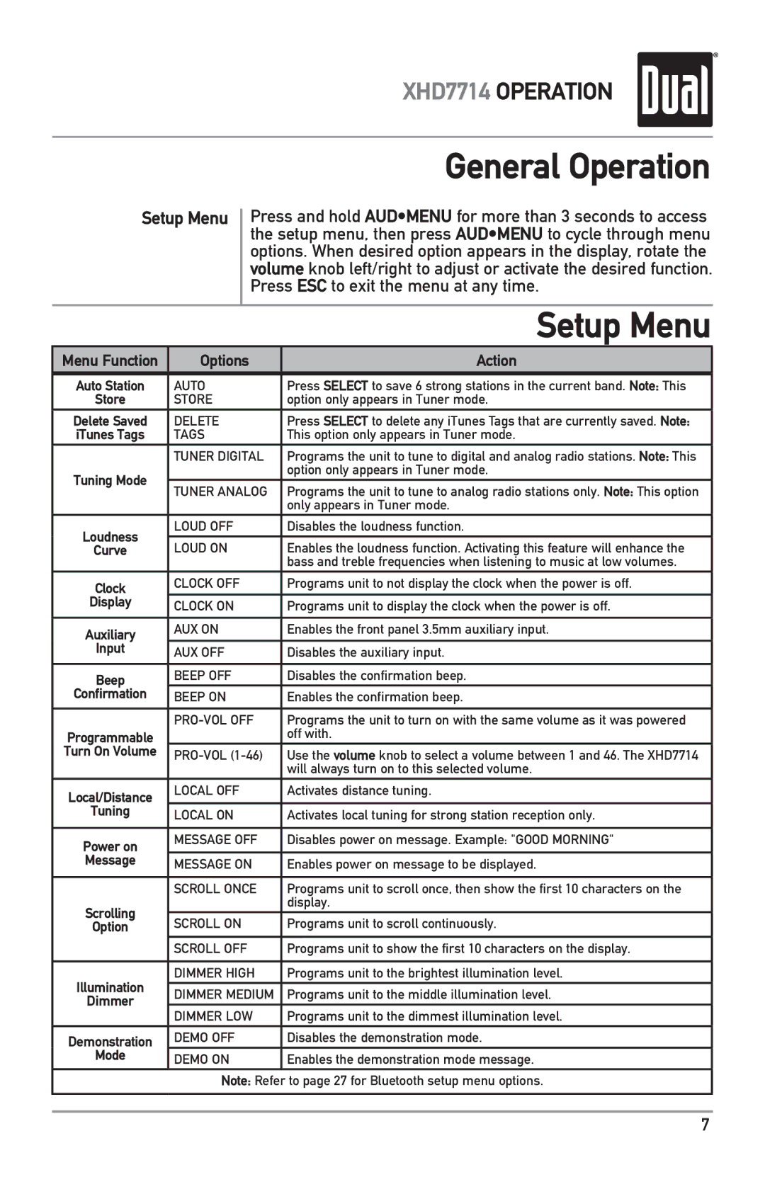 Dual XHD7714 owner manual Setup Menu 