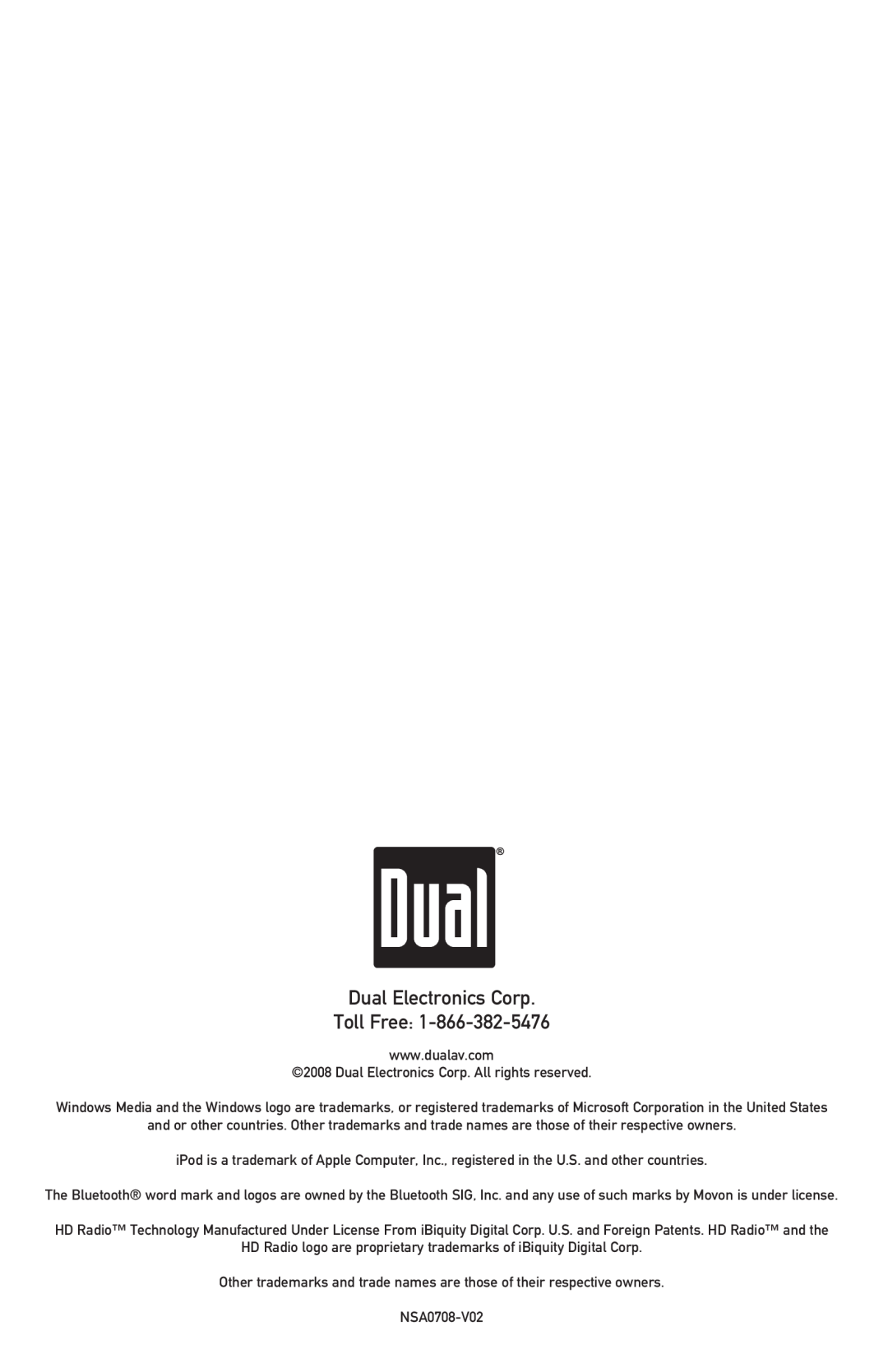 Dual XHD7714 owner manual Dual Electronics Corp Toll Free 