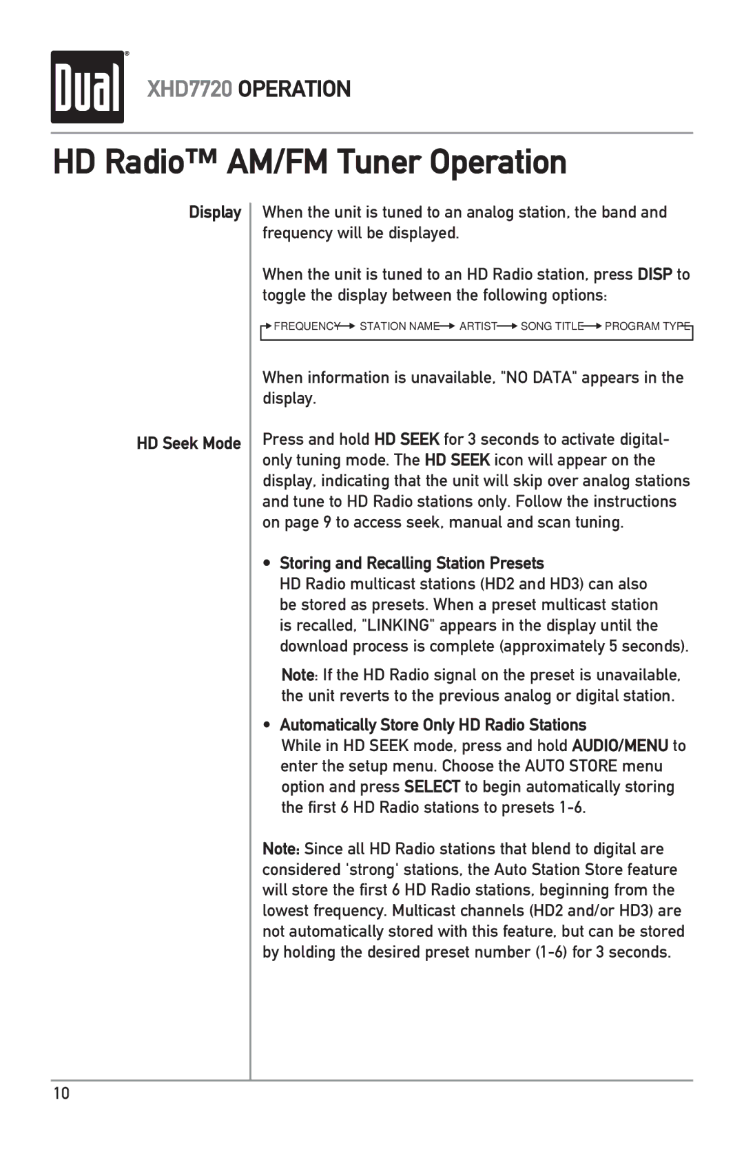 Dual XHD7720 owner manual HD Radio AM/FM Tuner Operation, Display HD Seek Mode, Storing and Recalling Station Presets 