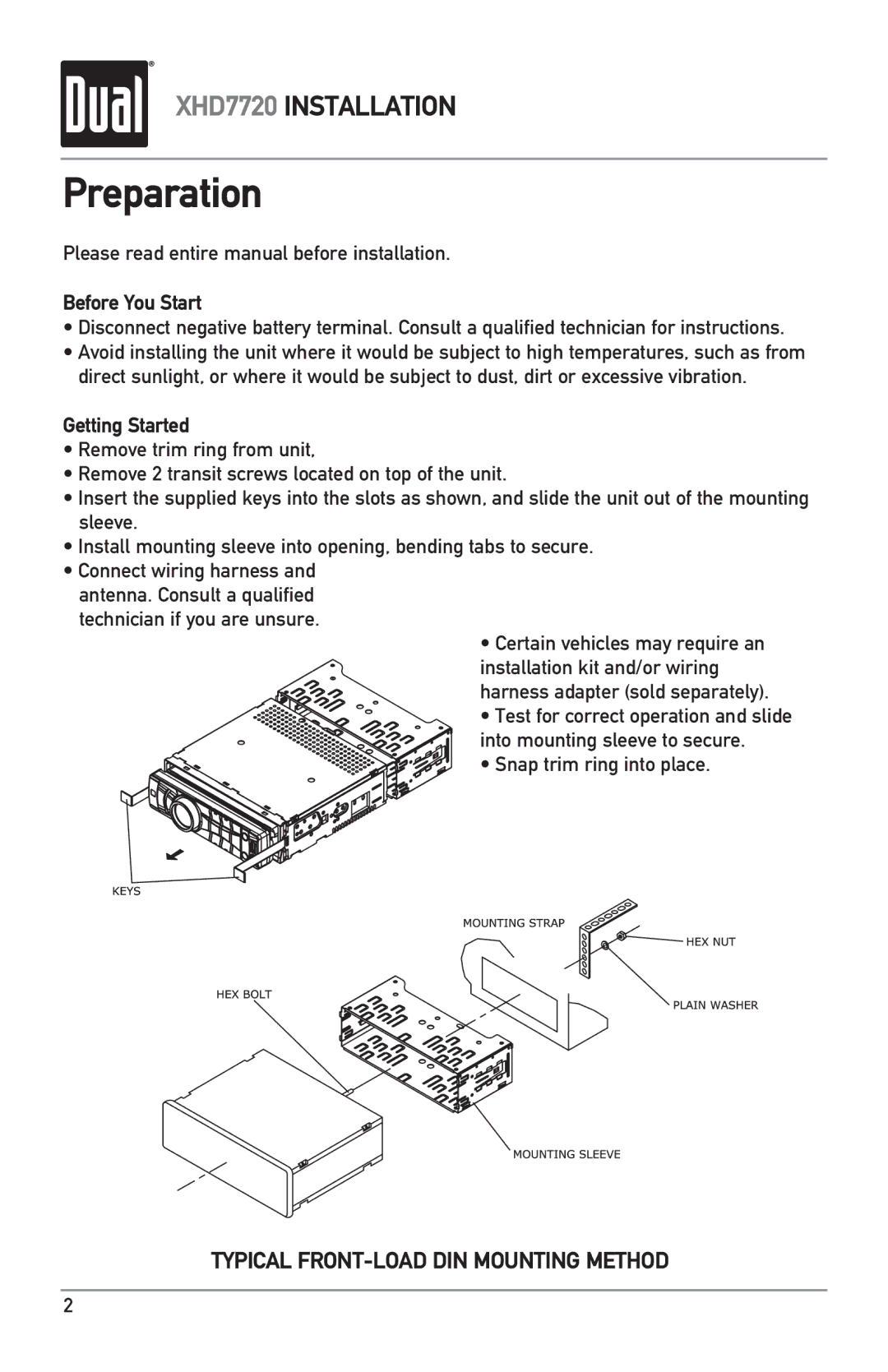 Dual XHD7720 owner manual Preparation, Please read entire manual before installation, Before You Start, Getting Started 