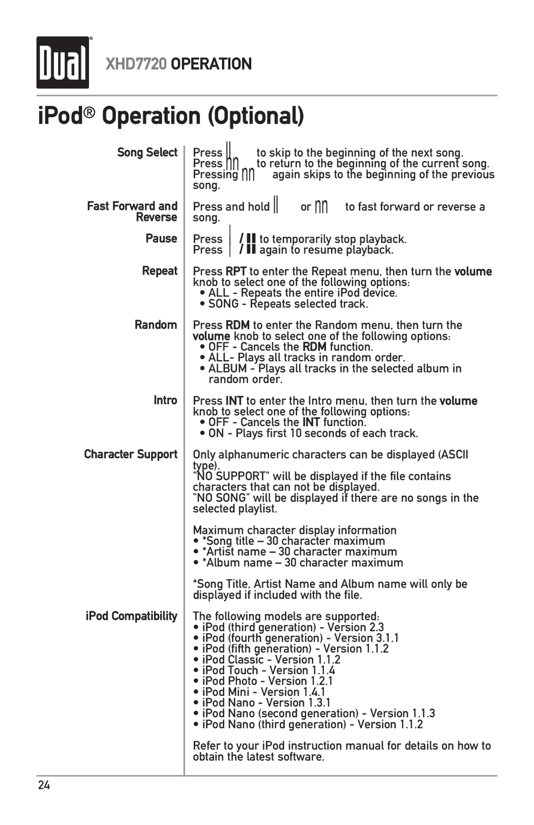 Dual XHD7720 owner manual Press and hold llor nn to fast forward or reverse a song 