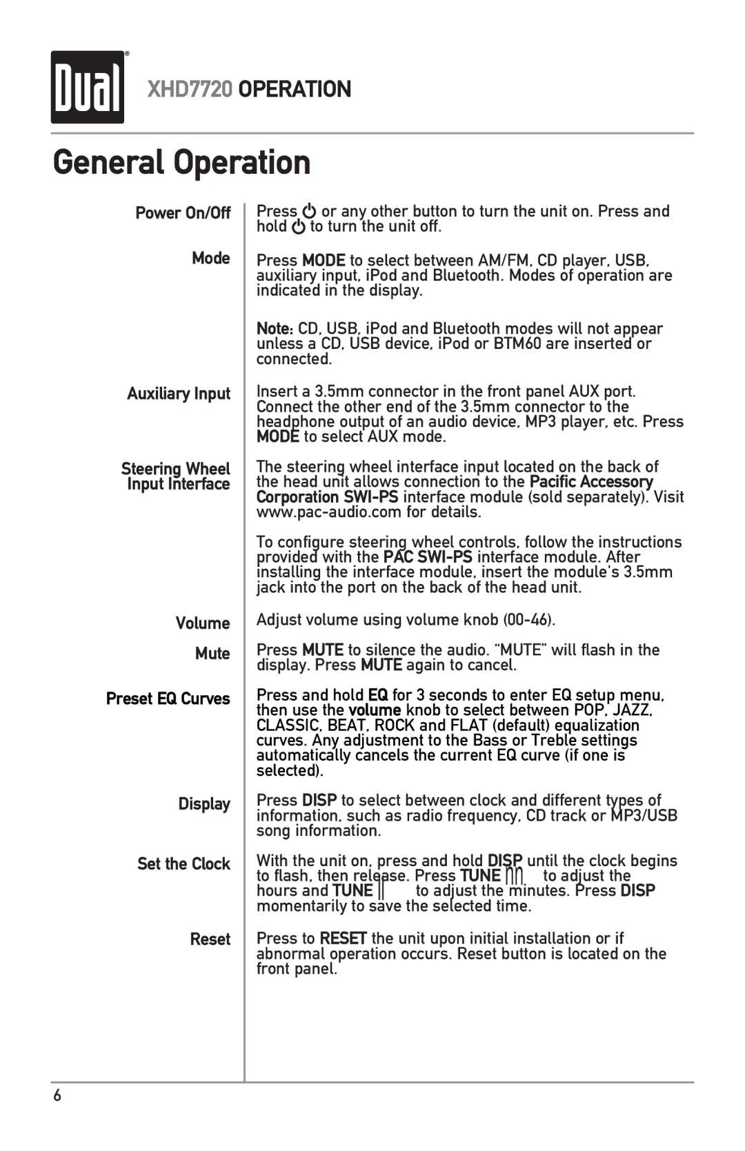 Dual XHD7720 owner manual General Operation, Power On/Off Mode Auxiliary Input 