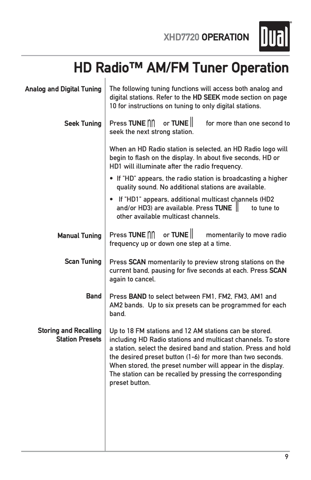 Dual XHD7720 owner manual HD Radio AM/FM Tuner Operation 