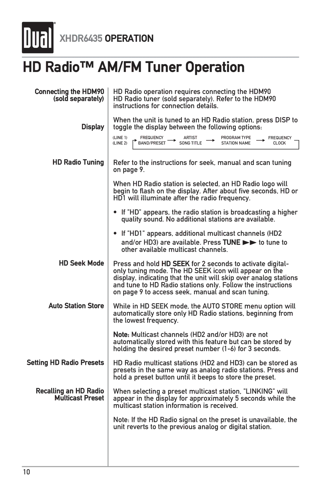 Dual XHDR6435 owner manual HD Radio AM/FM Tuner Operation, Display HD Radio Tuning HD Seek Mode Auto Station Store 