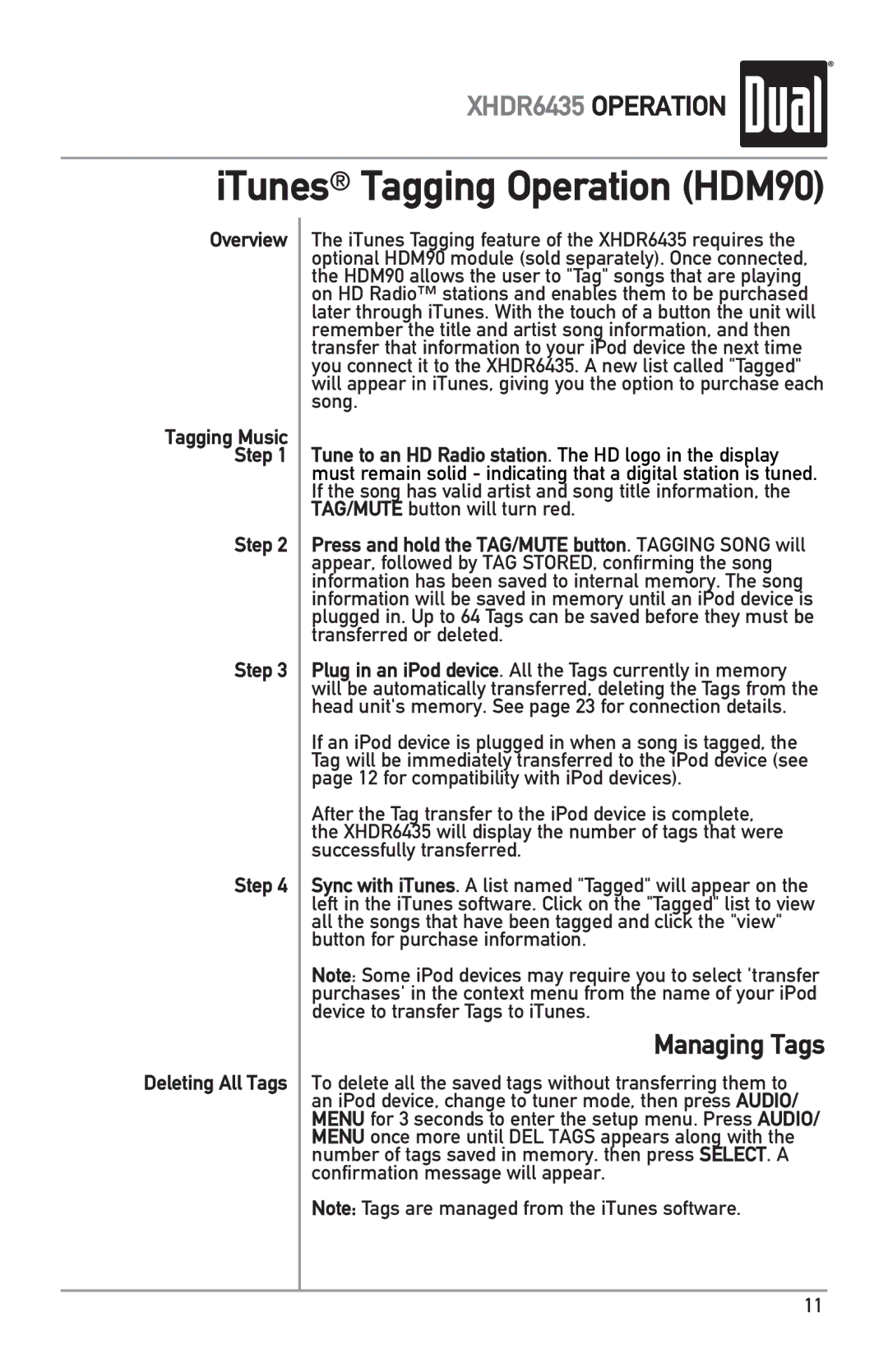 Dual XHDR6435 owner manual ITunes Tagging Operation HDM90, Managing Tags 