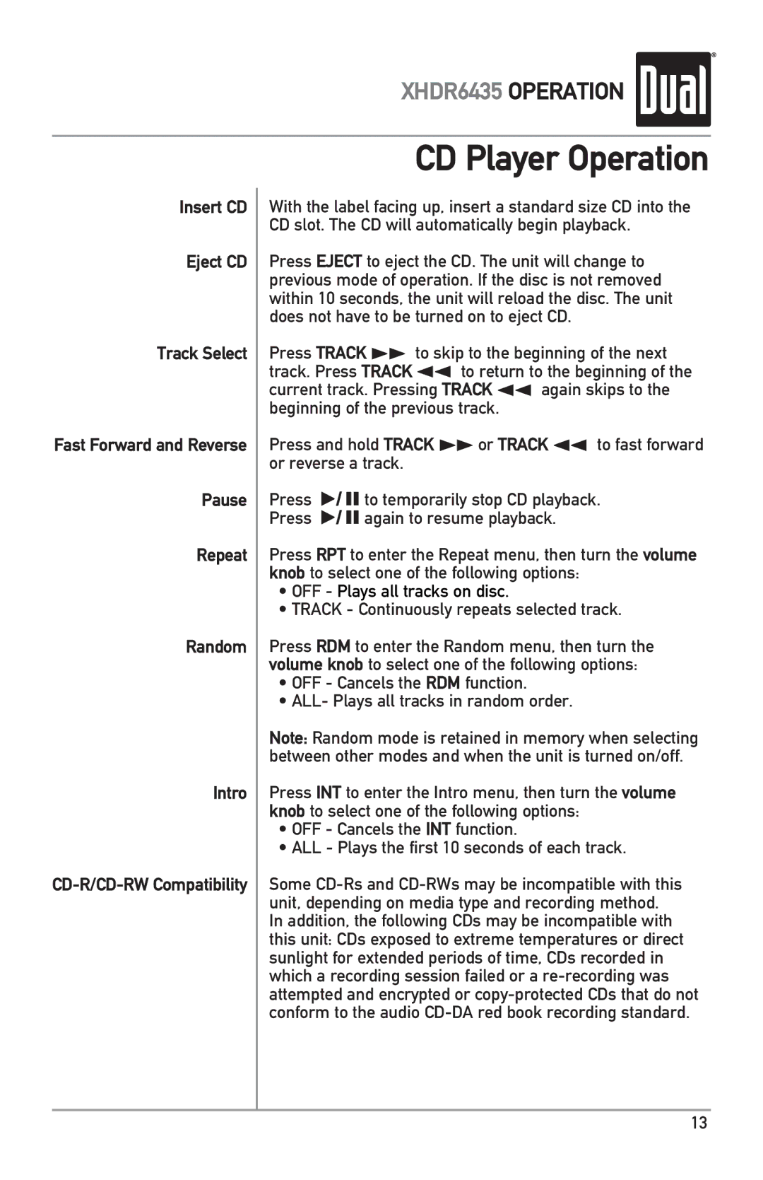 Dual XHDR6435 owner manual CD Player Operation, Track Continuously repeats selected track 