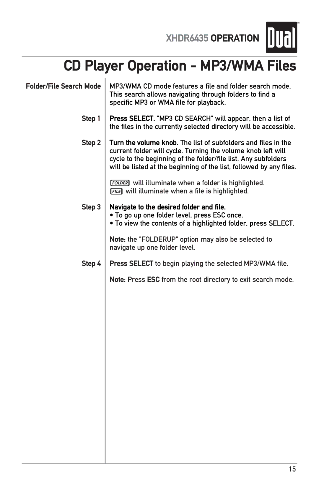 Dual XHDR6435 owner manual CD Player Operation MP3/WMA Files, Folder/File Search Mode Step 