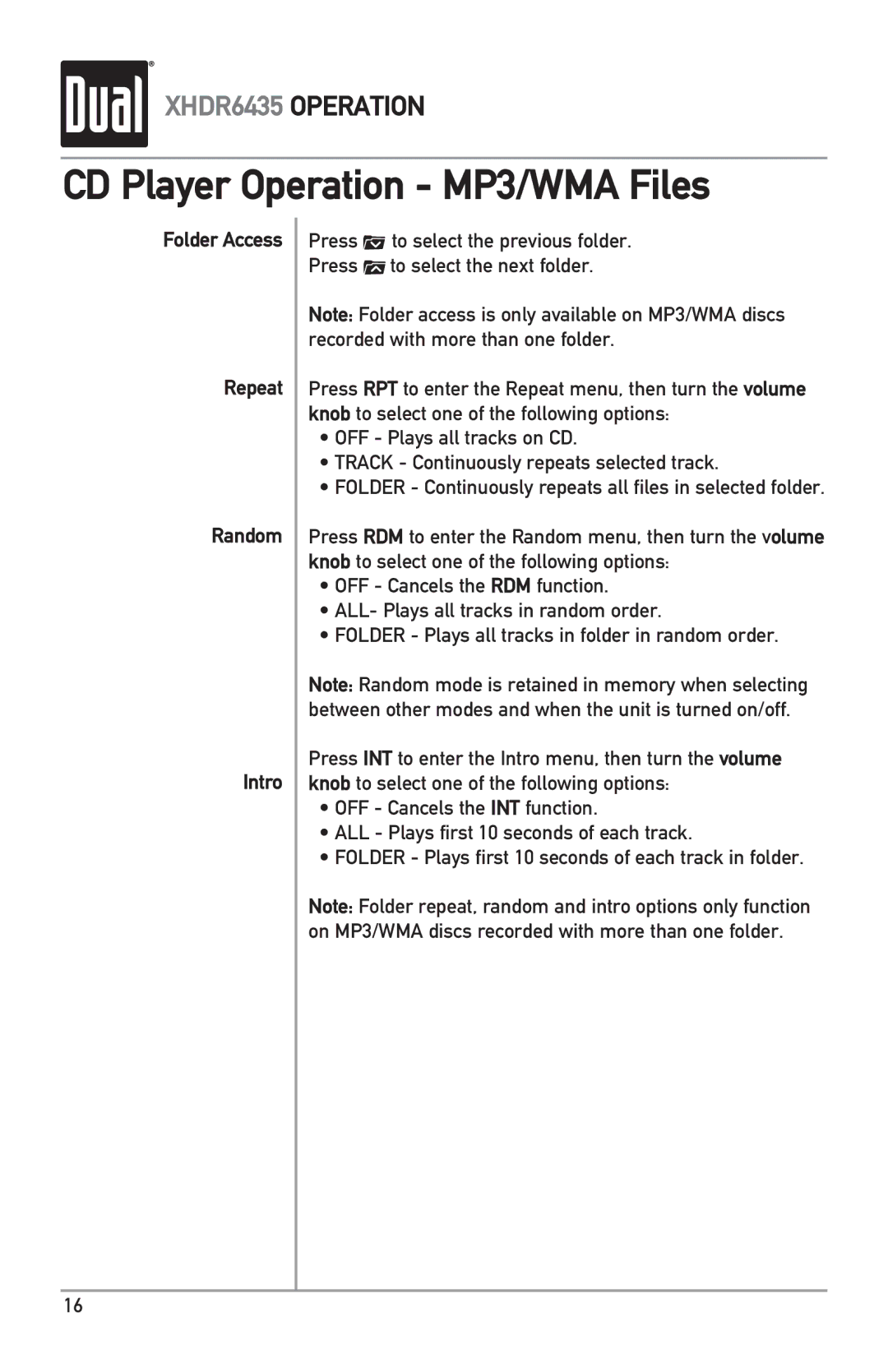 Dual XHDR6435 owner manual Folder Access Repeat Random Intro 