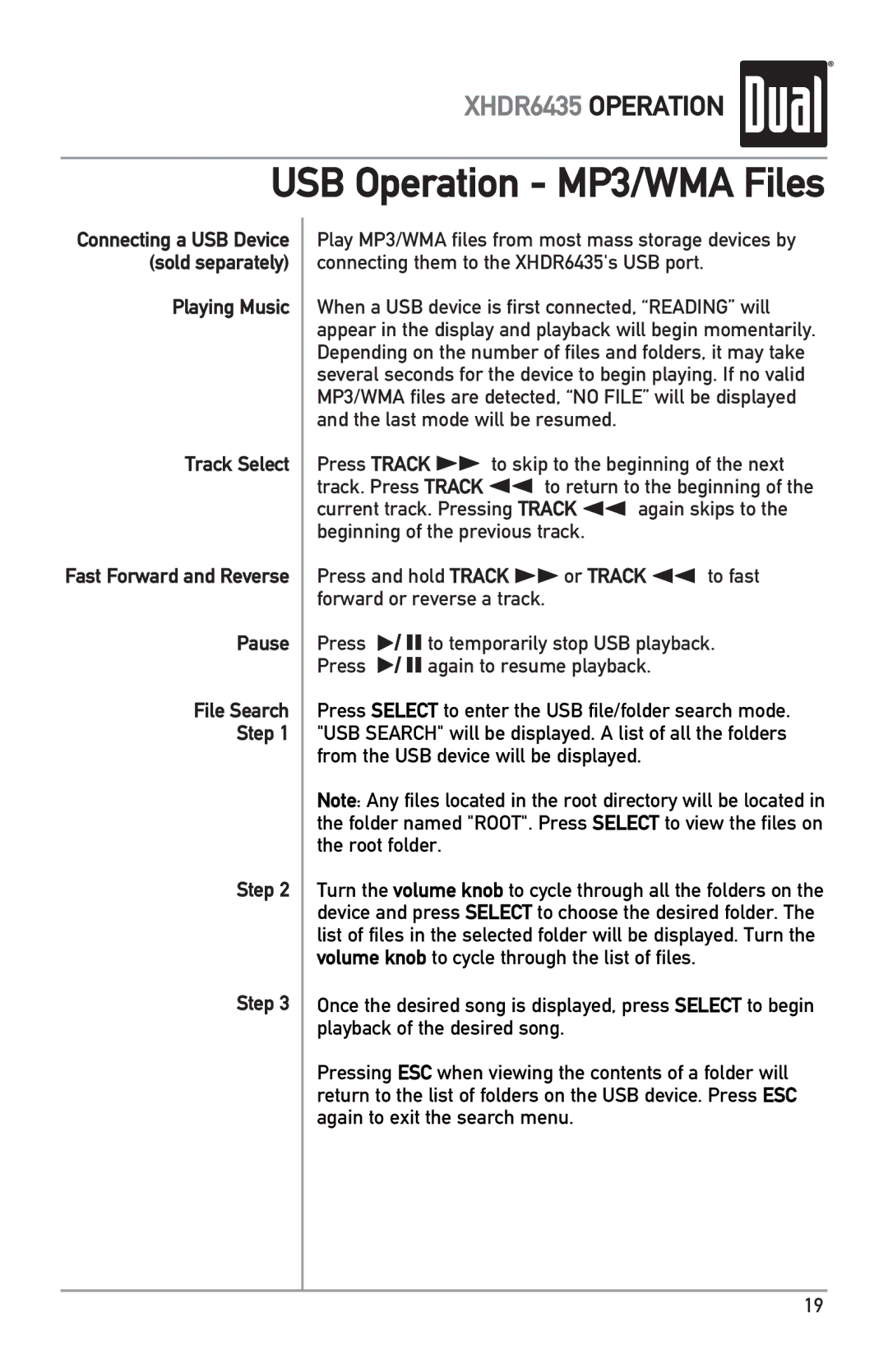 Dual XHDR6435 owner manual USB Operation MP3/WMA Files 