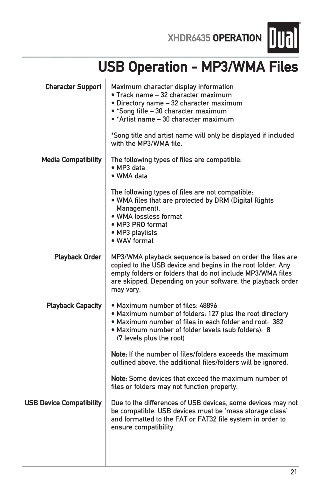 Dual XHDR6435 owner manual USB Operation MP3/WMA Files 