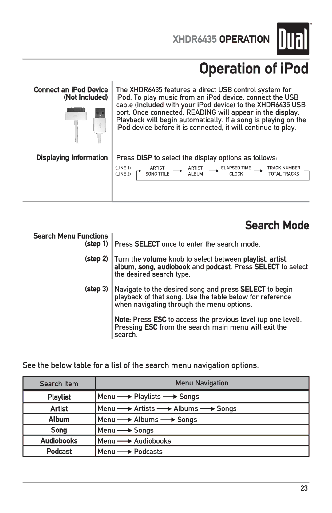 Dual XHDR6435 owner manual Operation of iPod 