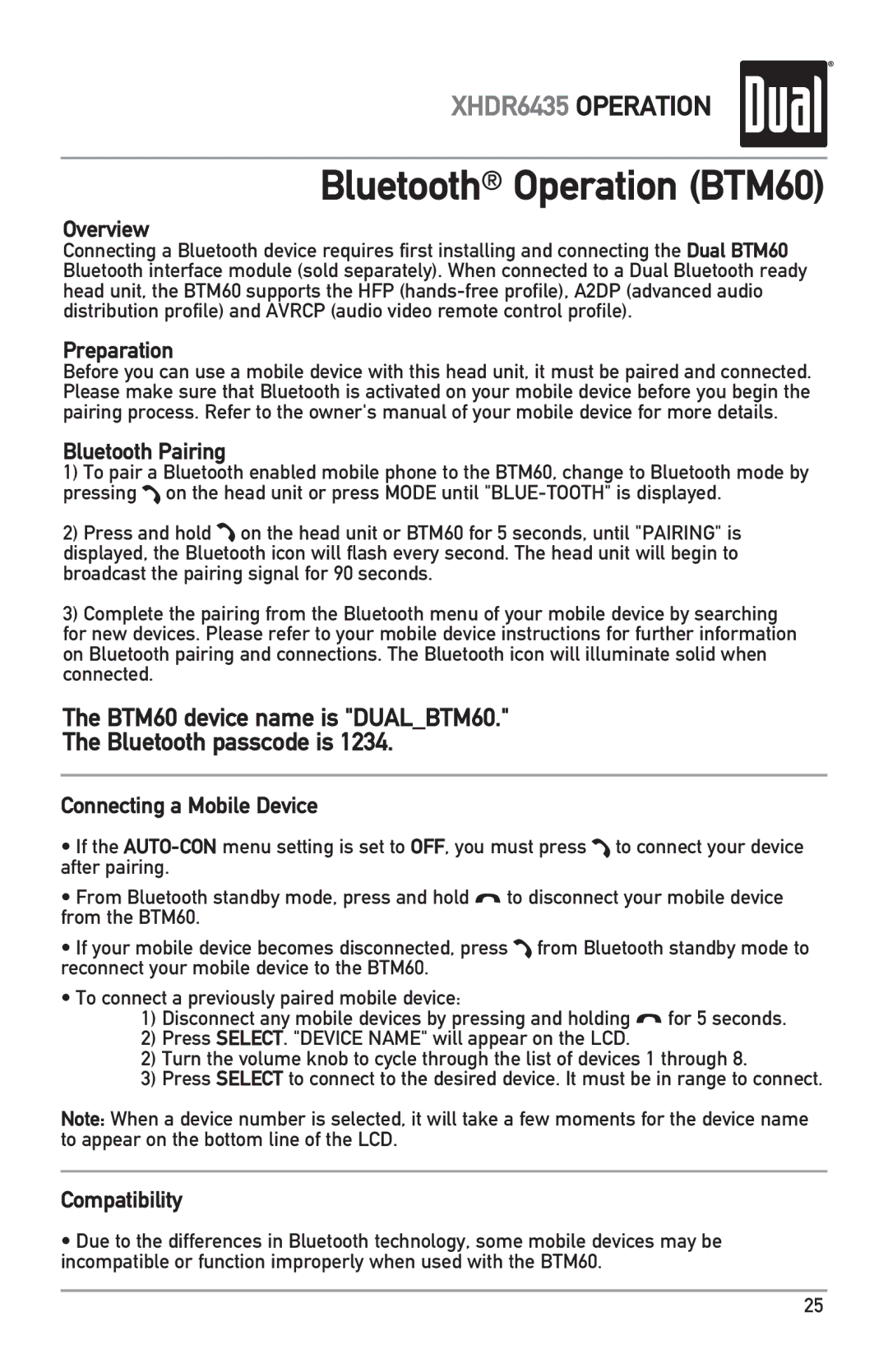 Dual XHDR6435 owner manual Bluetooth Operation BTM60, Overview 