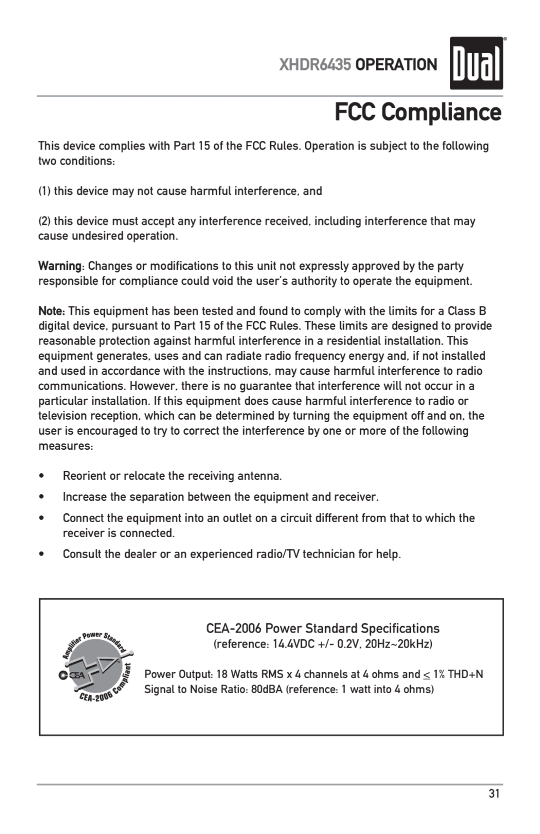 Dual XHDR6435 owner manual FCC Compliance, Reference 14.4VDC +/- 0.2V, 20Hz~20kHz 