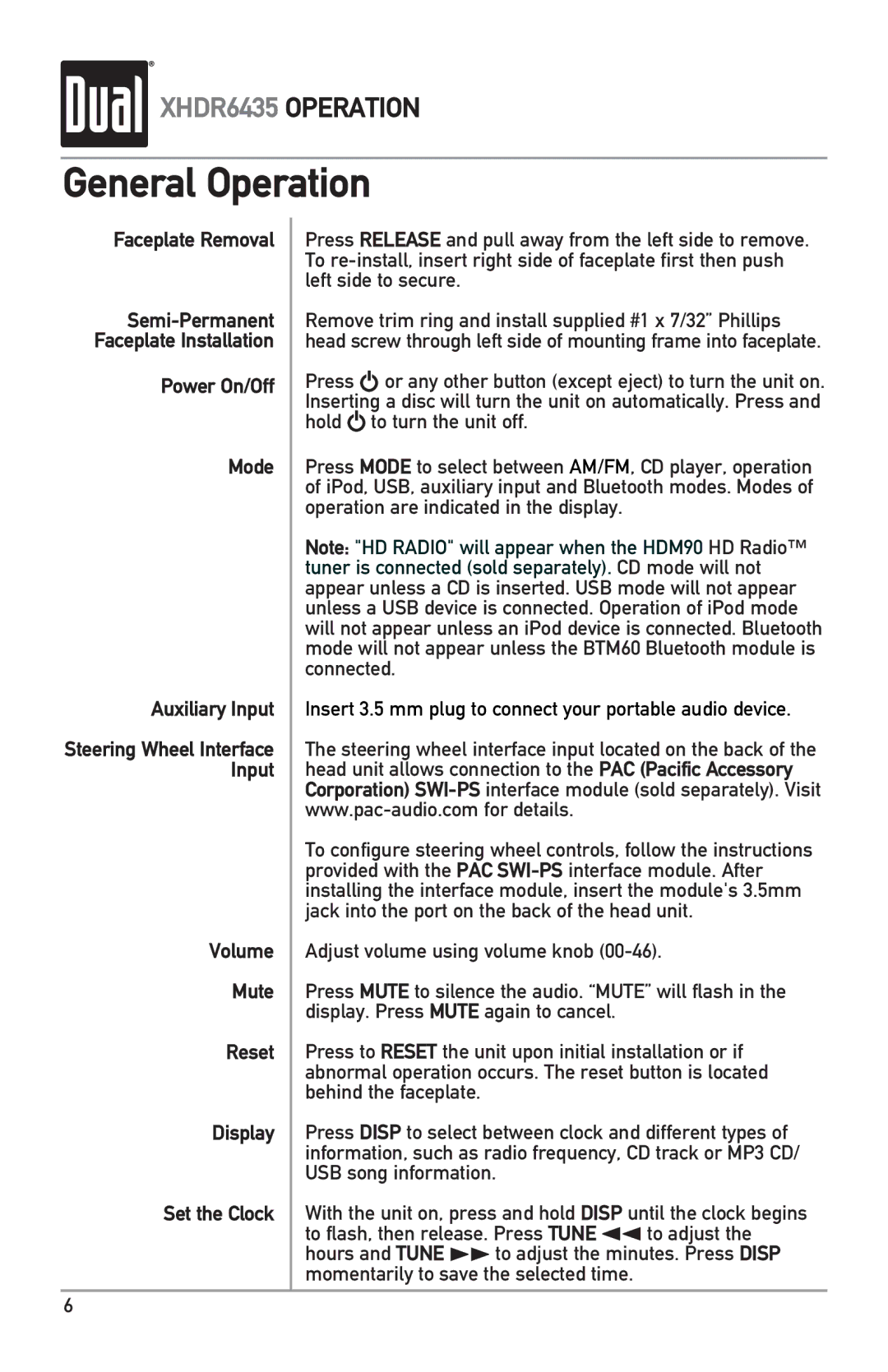 Dual XHDR6435 owner manual General Operation 