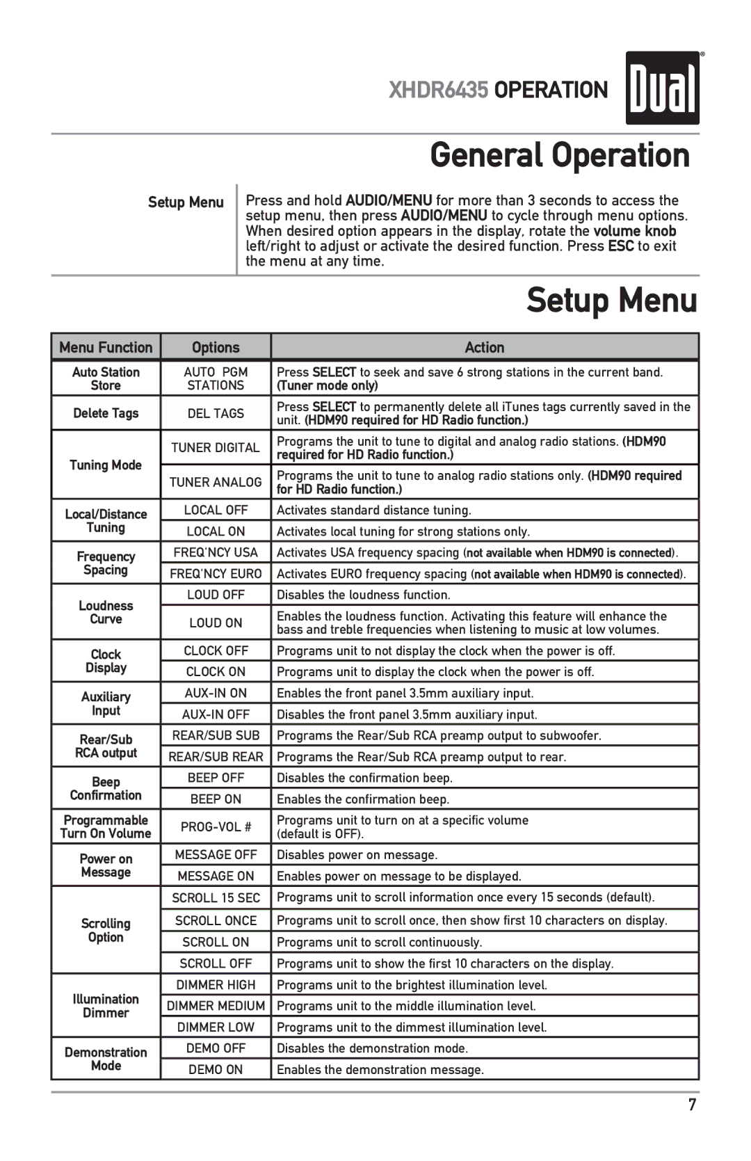 Dual XHDR6435 owner manual Setup Menu 