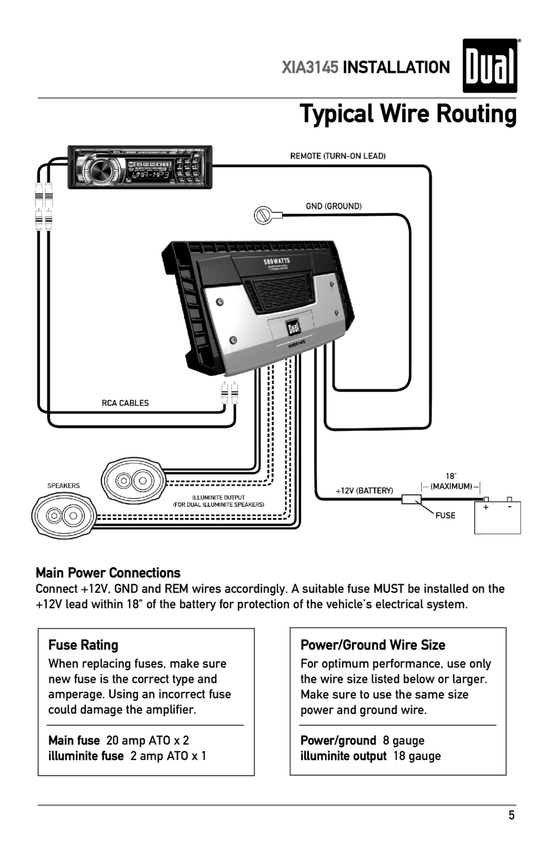 Dual XIA3145 owner manual Typical Wire Routing, Main Power Connections, Fuse Rating, Power/Ground Wire Size 