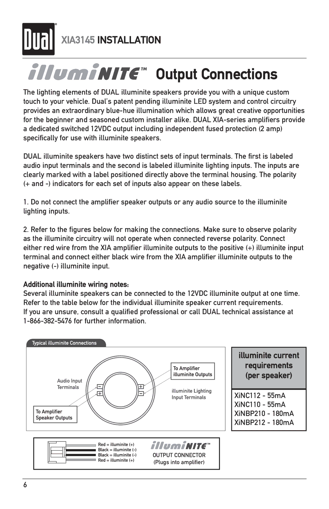 Dual XIA3145 Output Connections, Illuminite current, Additional illuminite wiring notes, Requirements per speaker 