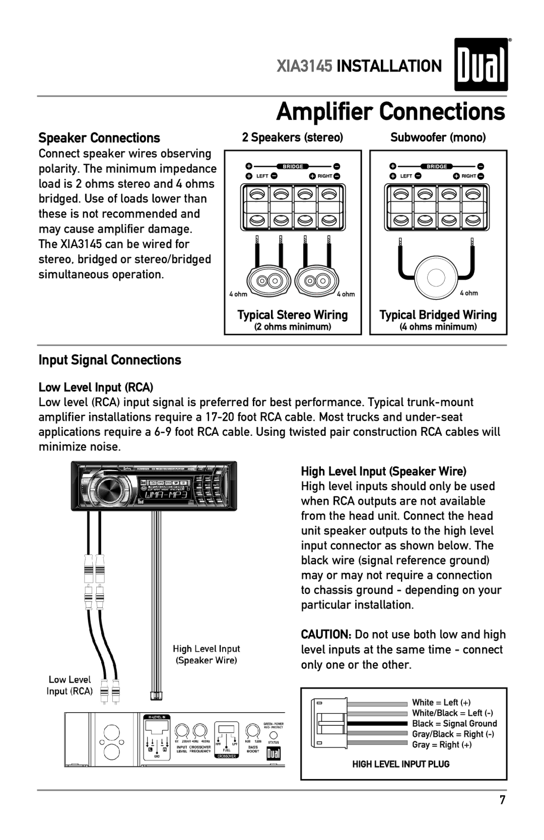 Dual XIA3145 Amplifier Connections, Speaker Connections, Input Signal Connections, Speakers stereo, Low Level Input RCA 