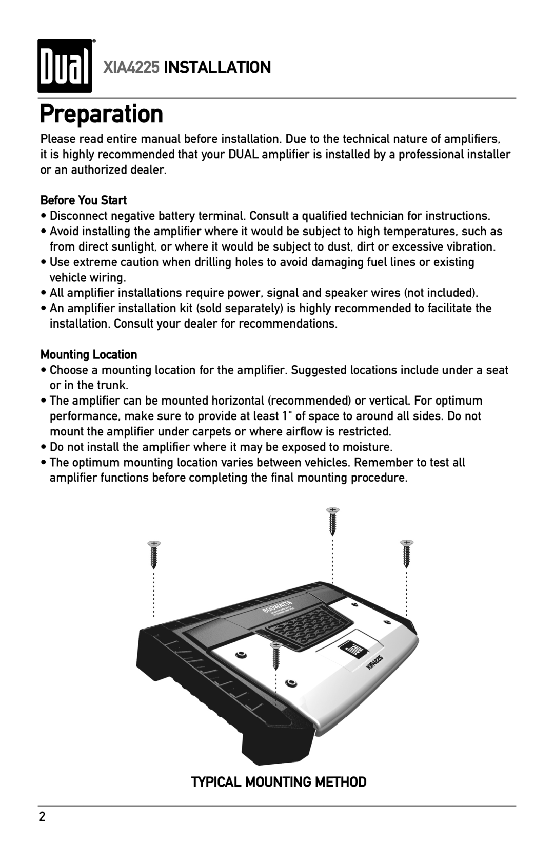 Dual XIA4225 owner manual Preparation, Before You Start, Mounting Location 