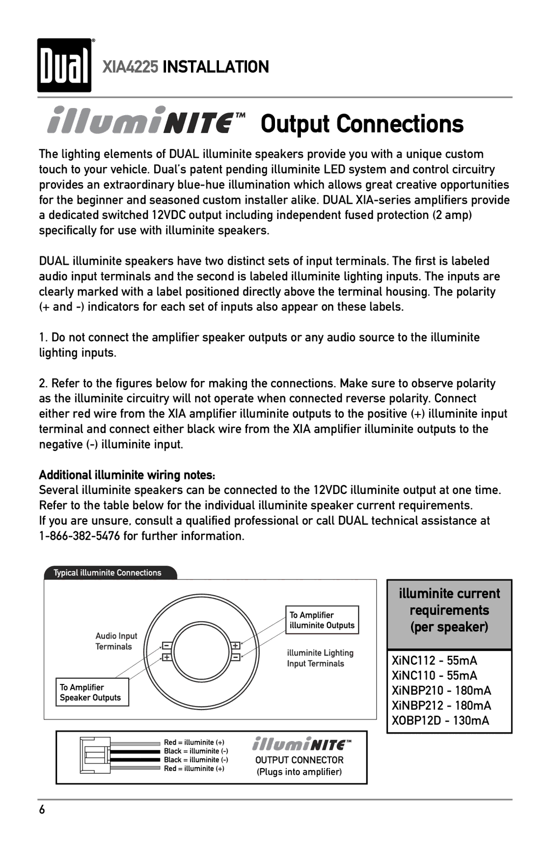 Dual XIA4225 Output Connections, Illuminite current, Additional illuminite wiring notes, Requirements per speaker 