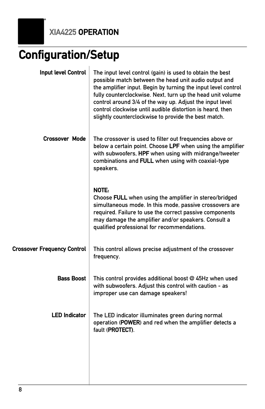 Dual XIA4225 owner manual Configuration/Setup, Input level Control Crossover Mode, Bass Boost LED Indicator 