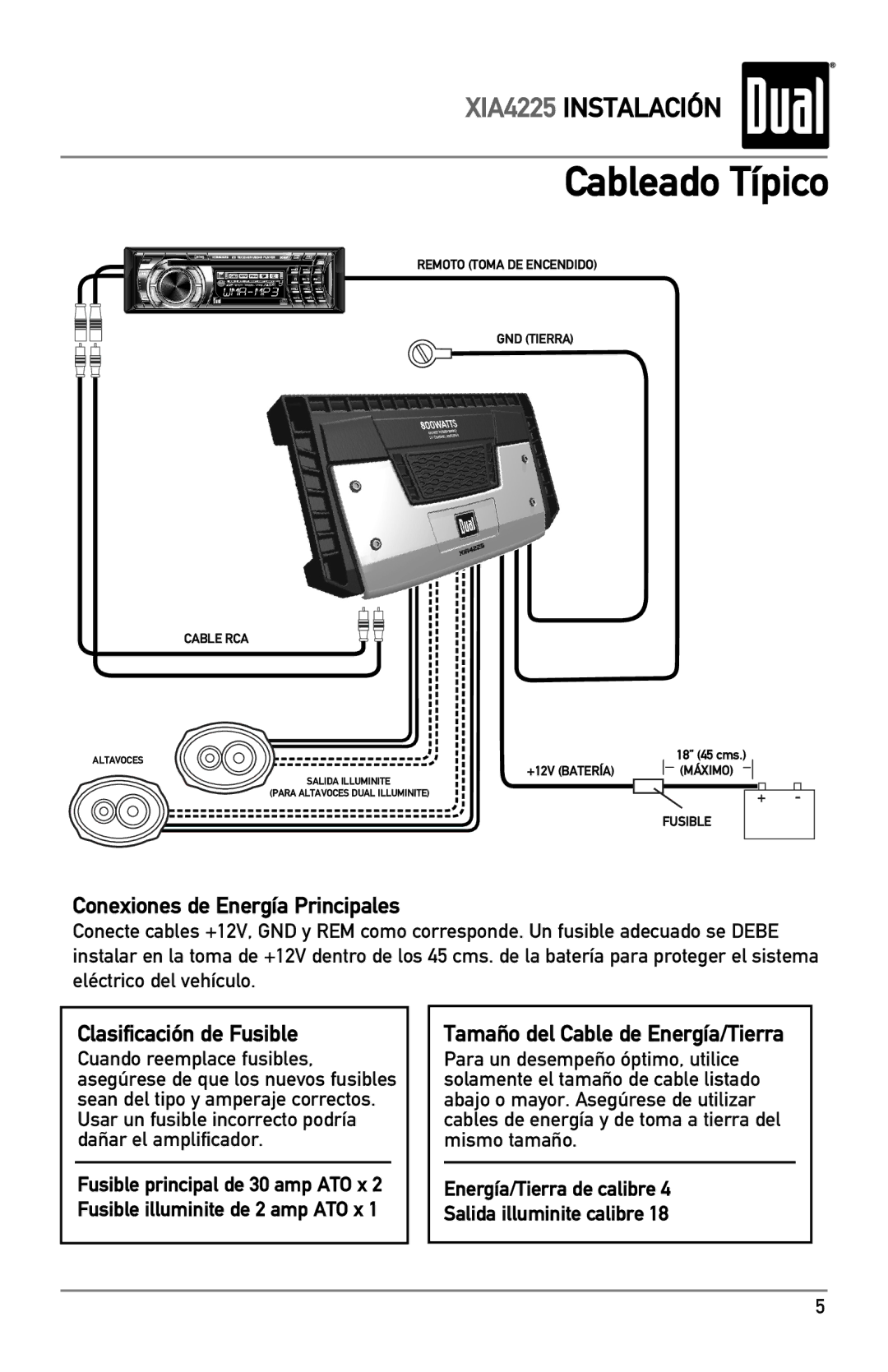 Dual XIA4225 owner manual Cableado Típico, Energía/Tierra de calibre Salida illuminite calibre 