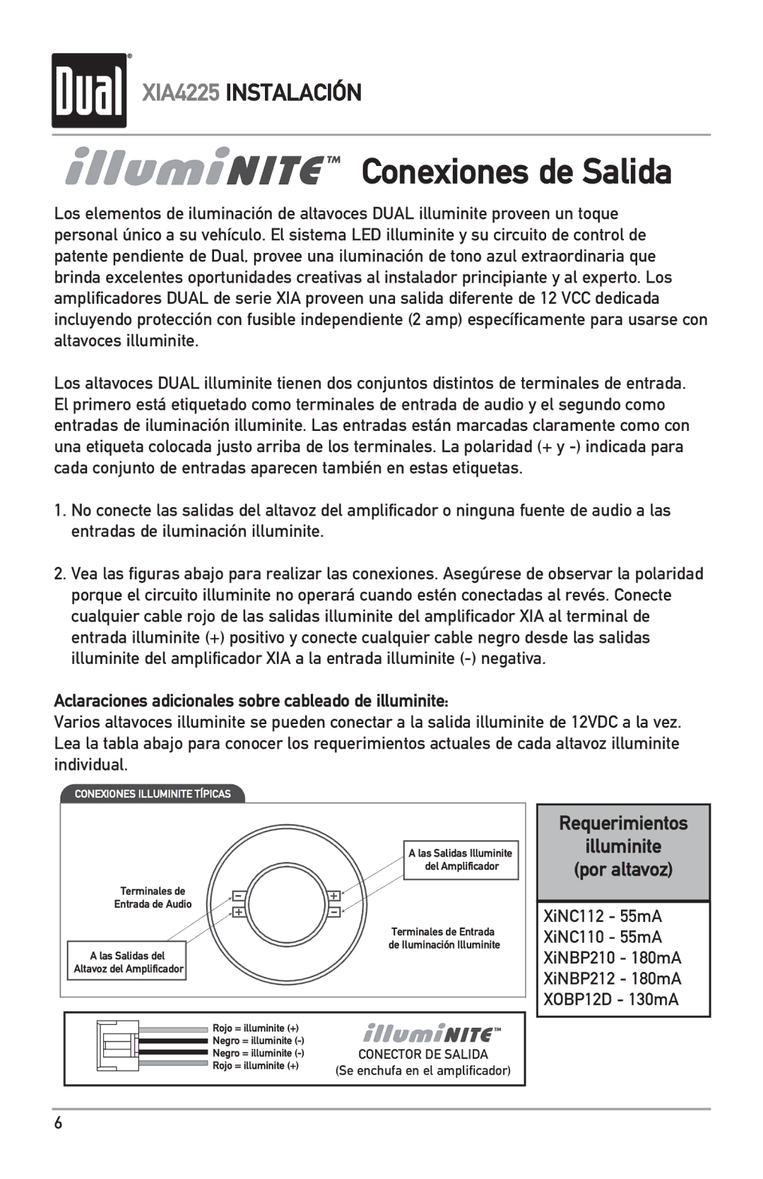 Dual XIA4225 owner manual Conexiones de Salida, Aclaraciones adicionales sobre cableado de illuminite 