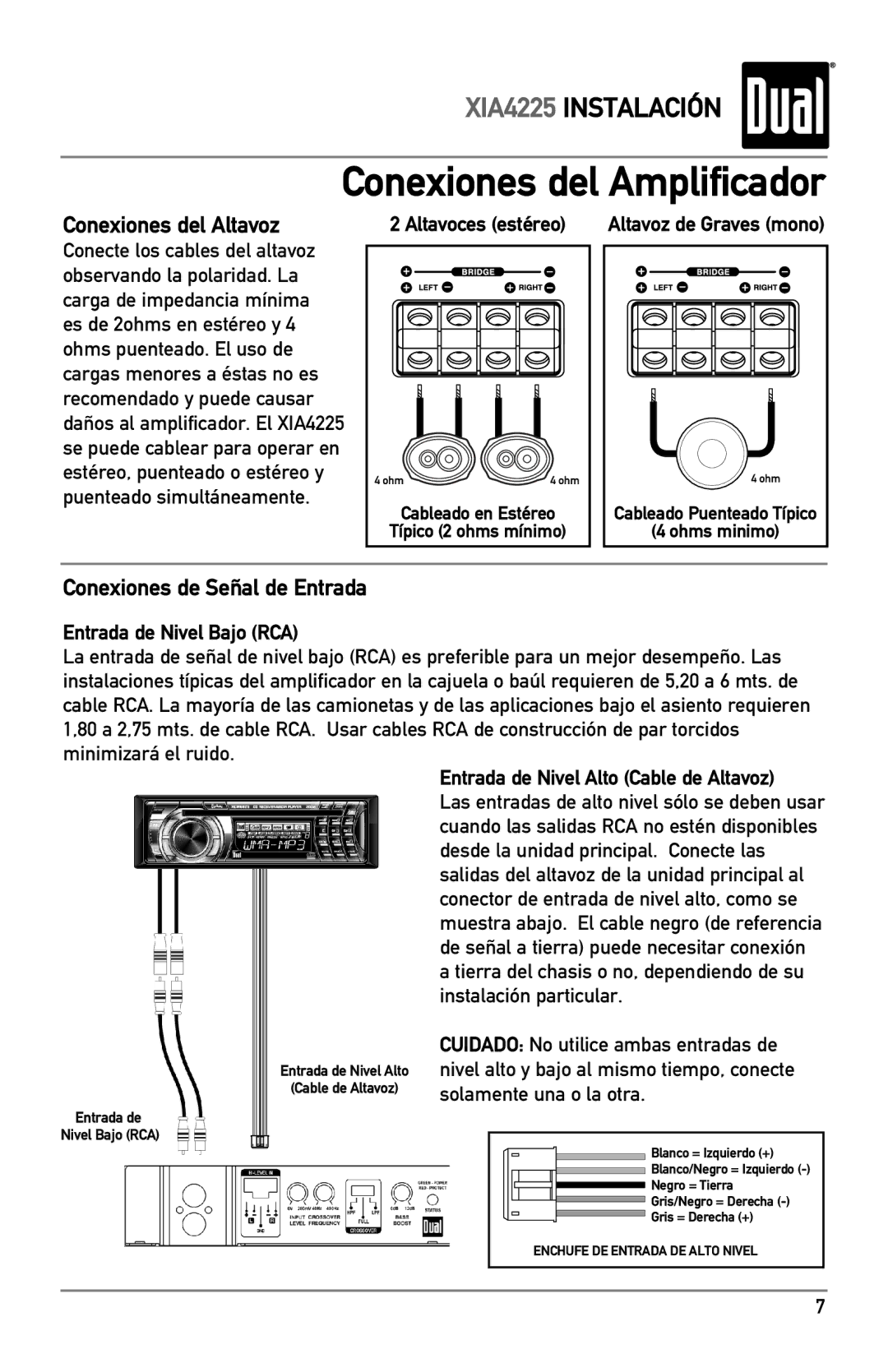 Dual XIA4225 owner manual Altavoces estéreo, Entrada de Nivel Bajo RCA, Entrada de Nivel Alto Cable de Altavoz 