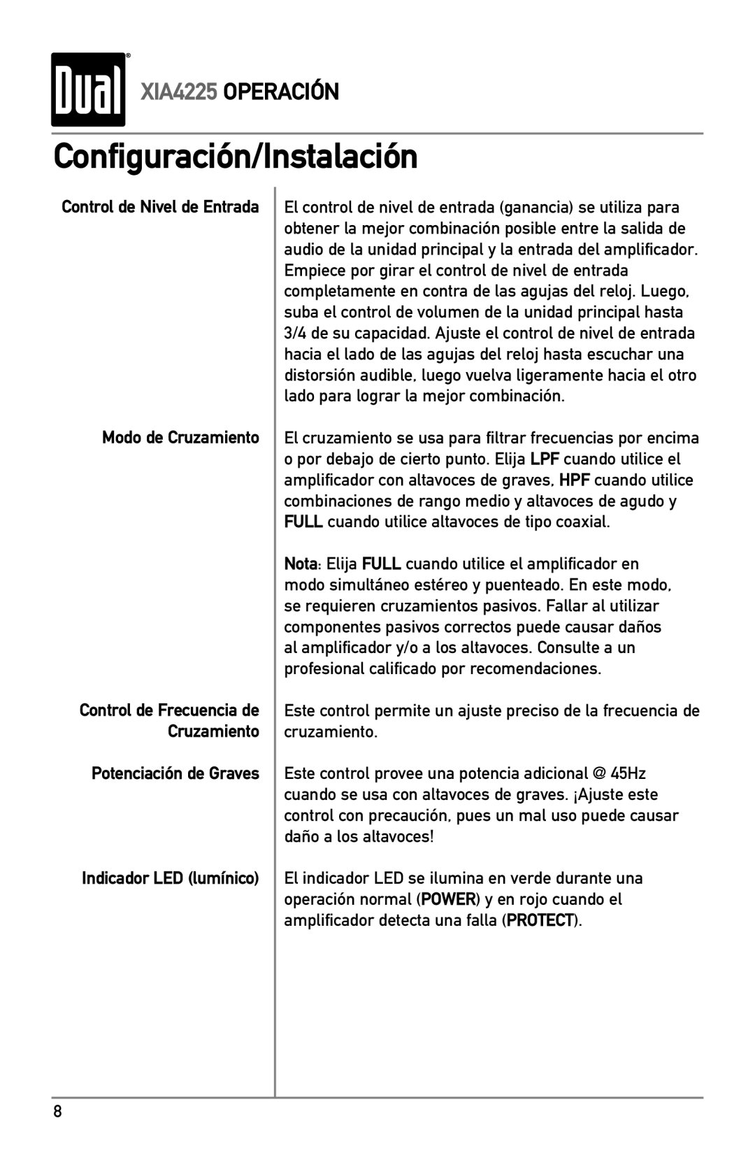 Dual XIA4225 owner manual Configuración/Instalación, Control de Nivel de Entrada Modo de Cruzamiento 