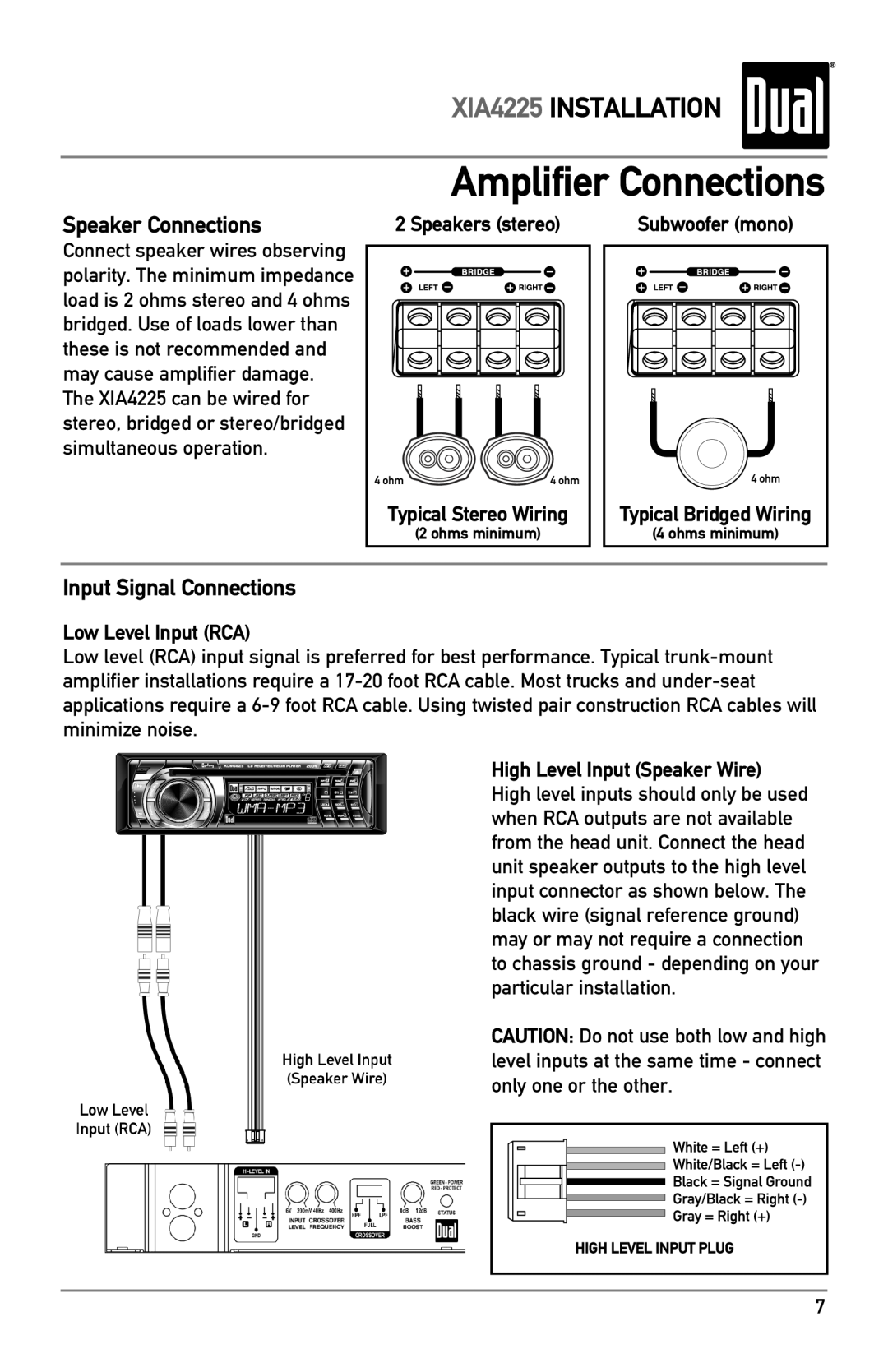 Dual owner manual Amplifier Connections, Speaker Connections, Input Signal Connections, XIA4225 INSTALLATION 