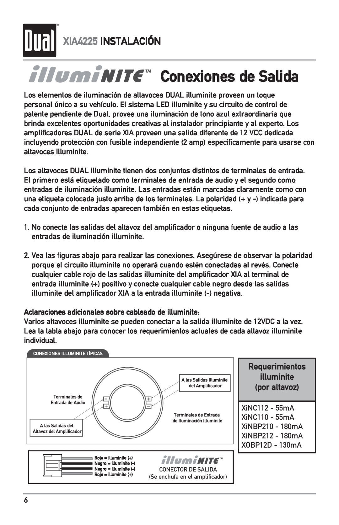 Dual owner manual Conexiones de Salida, Requerimientos illuminite por altavoz, XIA4225 INSTALACIÓN 