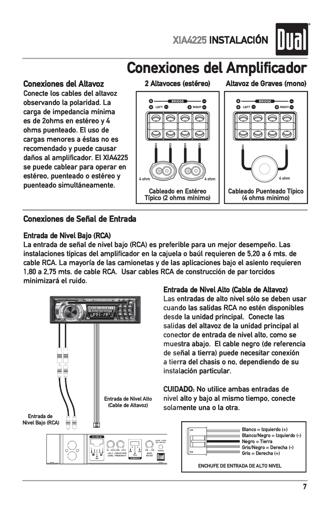 Dual Conexiones del Amplificador, Conexiones del Altavoz, Conexiones de Señal de Entrada, XIA4225 INSTALACIÓN 