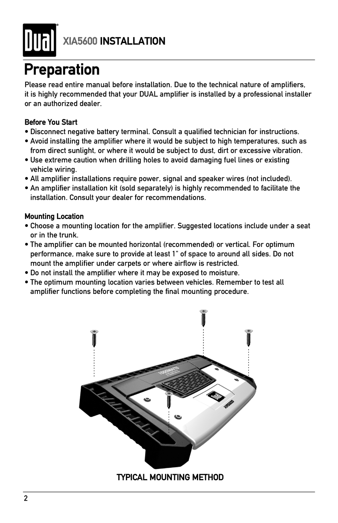 Dual XIA5600 owner manual Preparation, Before You Start, Mounting Location 