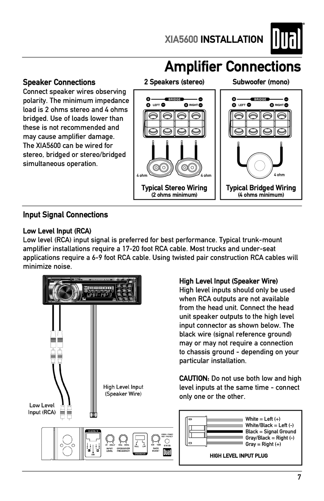 Dual XIA5600 Amplifier Connections, Speaker Connections, Input Signal Connections, Speakers stereo, Low Level Input RCA 