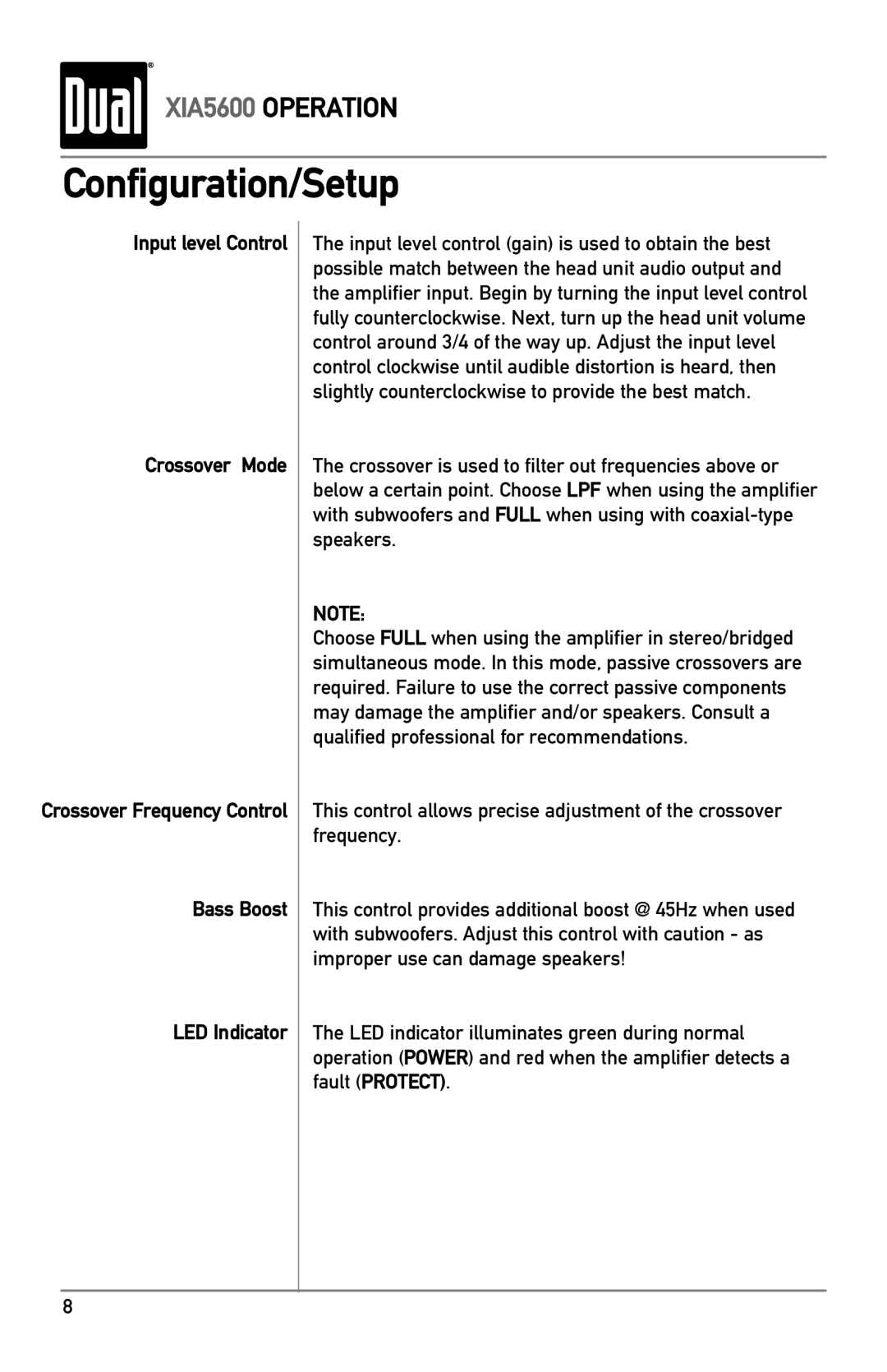 Dual XIA5600 owner manual Configuration/Setup, Input level Control Crossover Mode, Bass Boost LED Indicator 