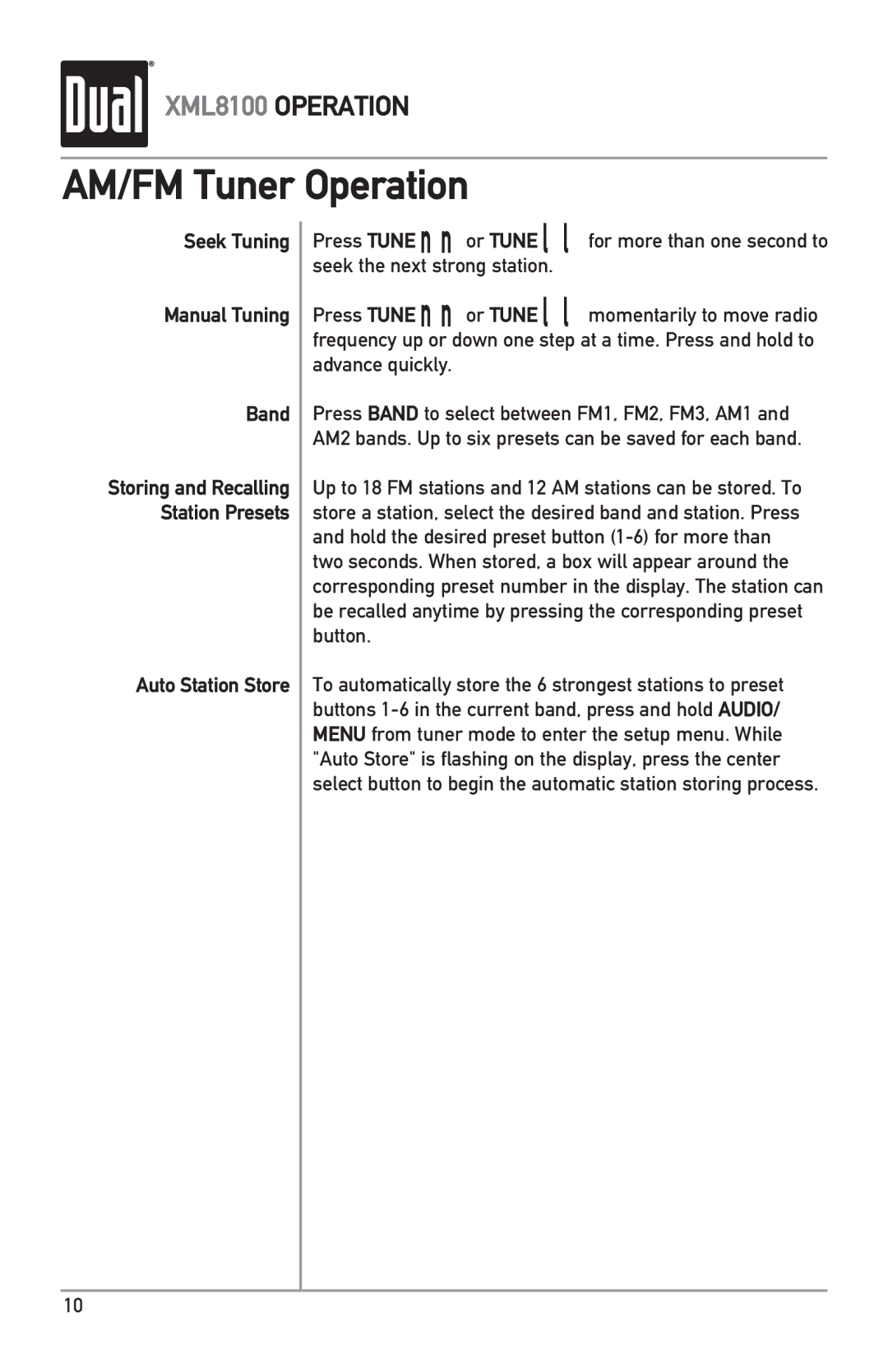 Dual XML8100 owner manual AM/FM Tuner Operation, Seek Tuning Manual Tuning Band, Auto Station Store 